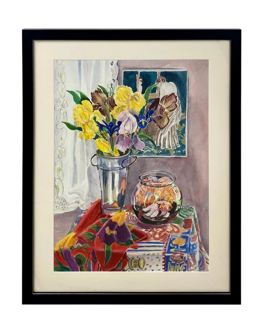 Still Life Watercolor of Irises, Mary Cassatt & Goldfish by Cathy Folk-Williams 1990's