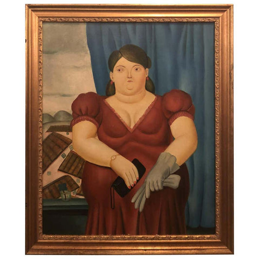 Female Portrait Oil on Canvas Painting in the manner to Fernando Botero
