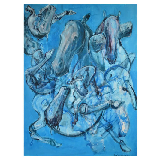 Abstract Horses Acrylic on Canvas Painting Titled "Crossroads", Signed 2000s
