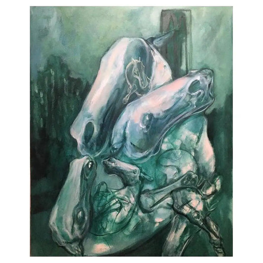 Abstract Oil on Canvas Painting Entitled "Green Dreams in a Grey City" 2010s