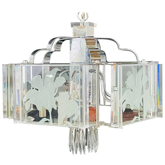 Frederick Ramond Art Deco Style Glass and Chrome Chandelier or Pendant