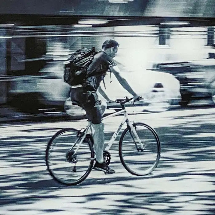 Urban Expressionist Photography Titled "Hermes" of Man on a Bicycle in NYC 2010s