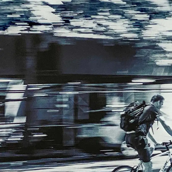 Urban Expressionist Photography Titled "Hermes" of Man on a Bicycle in NYC 2010s