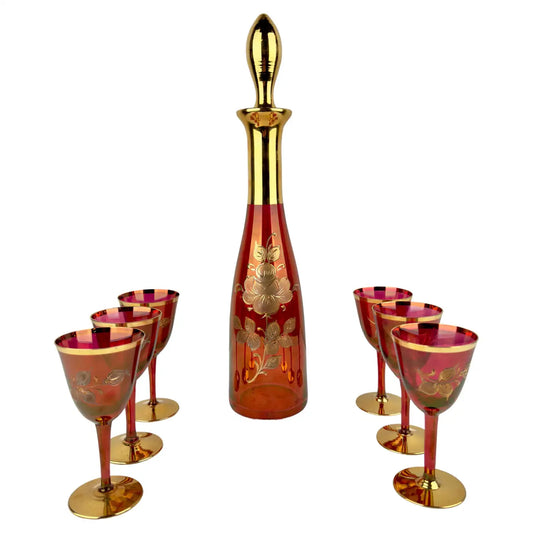 Art Nouveau Austrian Ruby & 24K Gold Etched Wine Glasses and Decanter, Set of 7