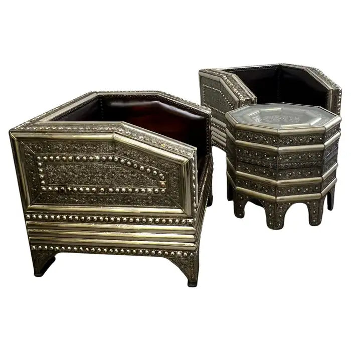 Paul Evans Style Brutalist Handmade Brass & Leather Lounge Chair, a Pair