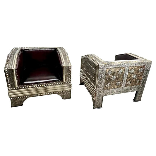 Paul Evans Style Brutalist Handmade Brass & Leather Lounge Chair, a Pair