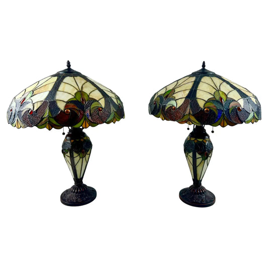 Art Nouveau Tiffany Style Brown & Green Stained Glass Table Lamp, a Pair