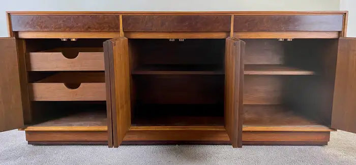 John Stuart Mid-Century Modern Walnut and Burl Wood Sideboard Credenza