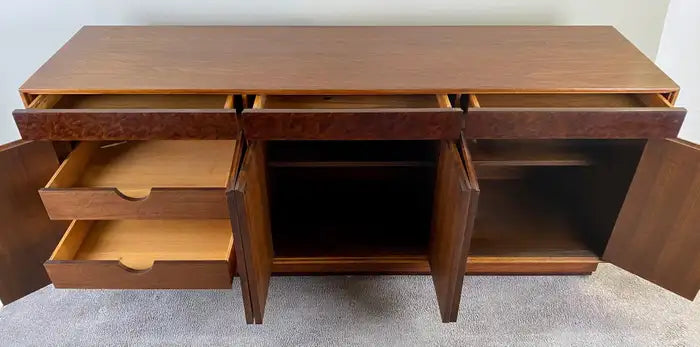 John Stuart Mid-Century Modern Walnut and Burl Wood Sideboard Credenza