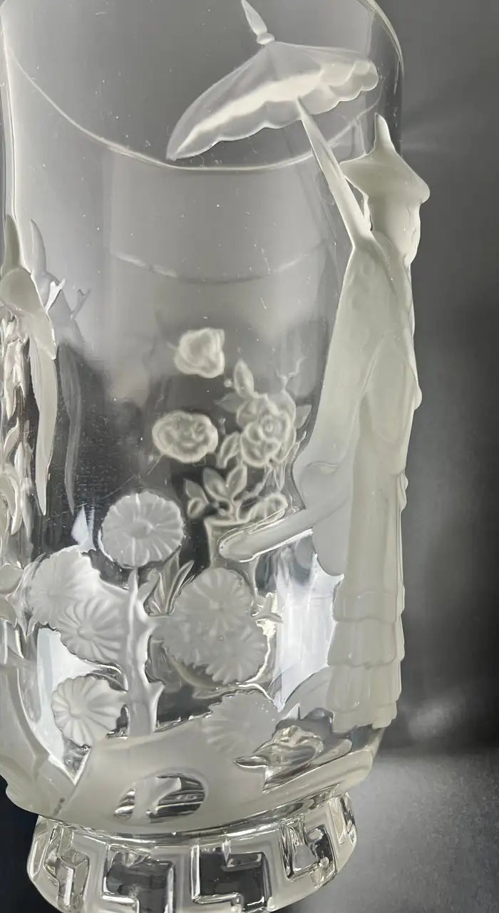 Verlys French Art Glass “Mandarin” Vase Frosted & Clear Relief Design circa 1930