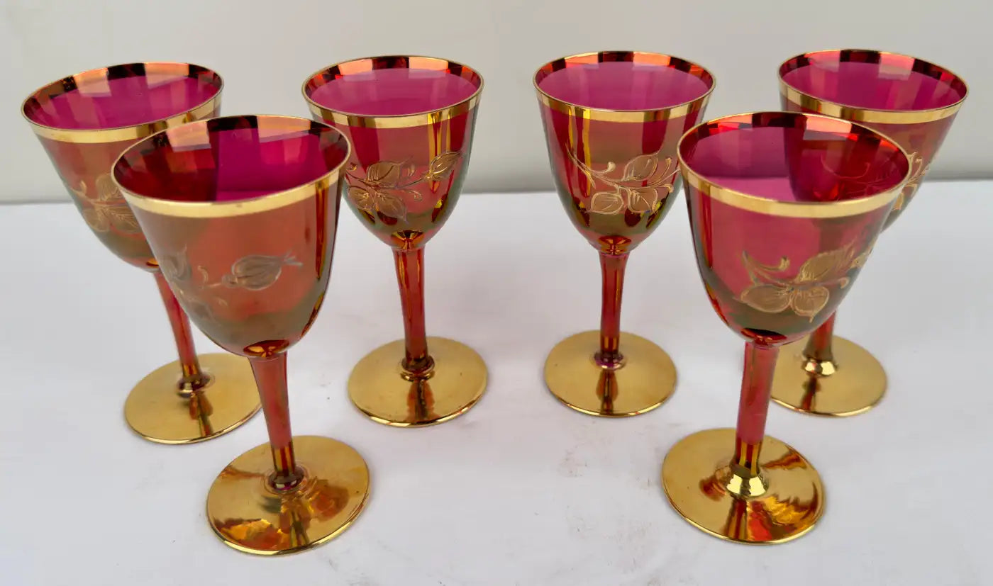 Art Nouveau Austrian Ruby & 24K Gold Etched Wine Glasses and Decanter, Set of 7