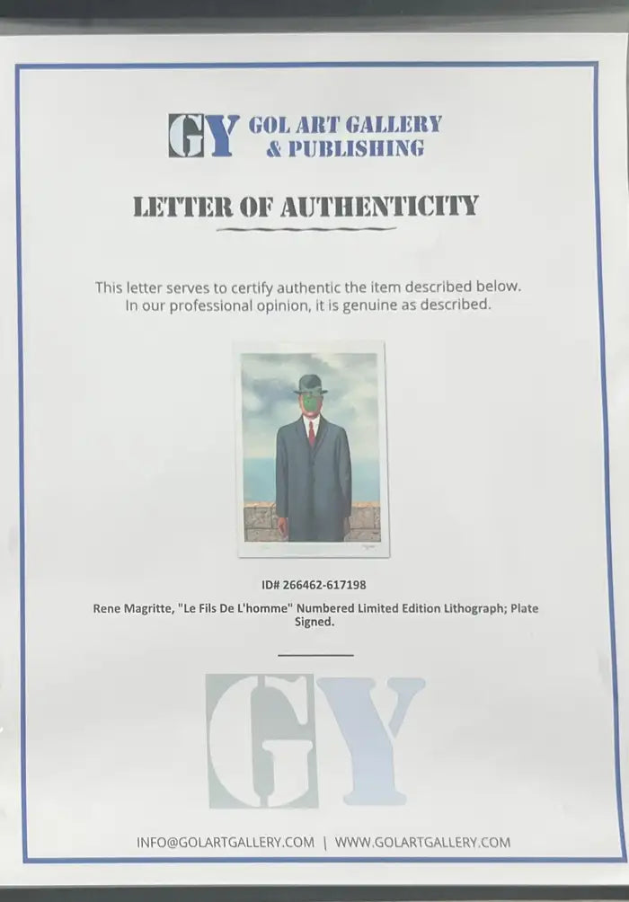 Rene Magritte Le Fils de L'homme Lithograph, Signed in a Pate, Stamped & Framed 1964