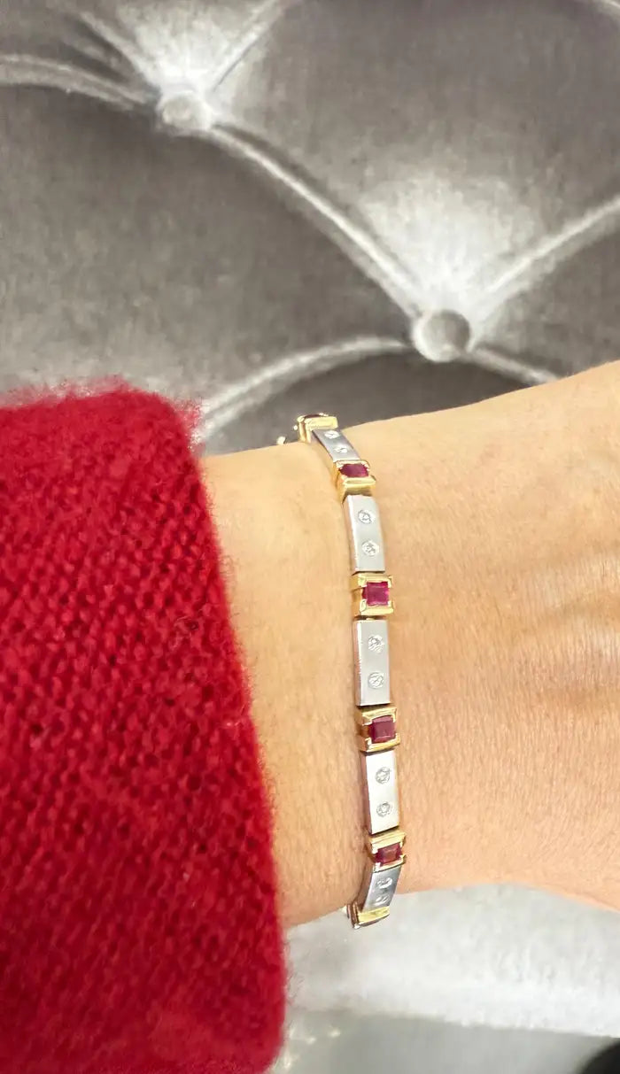 Art Deco Style 14K White Gold Bracelet with Rubies and Diamonds