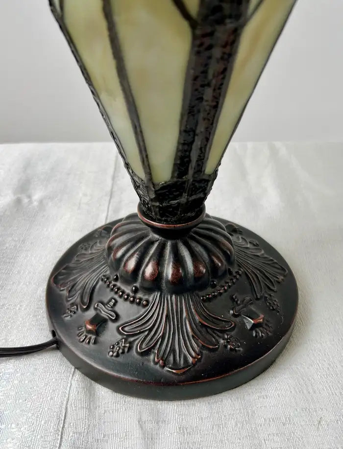 Art Nouveau Tiffany Style Brown & Green Stained Glass Table Lamp, a Pair