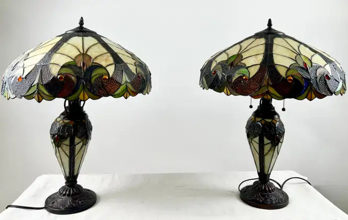 Art Nouveau Tiffany Style Brown & Green Stained Glass Table Lamp, a Pair