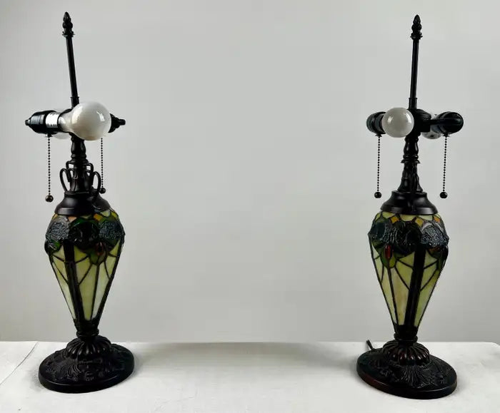 Art Nouveau Tiffany Style Brown & Green Stained Glass Table Lamp, a Pair