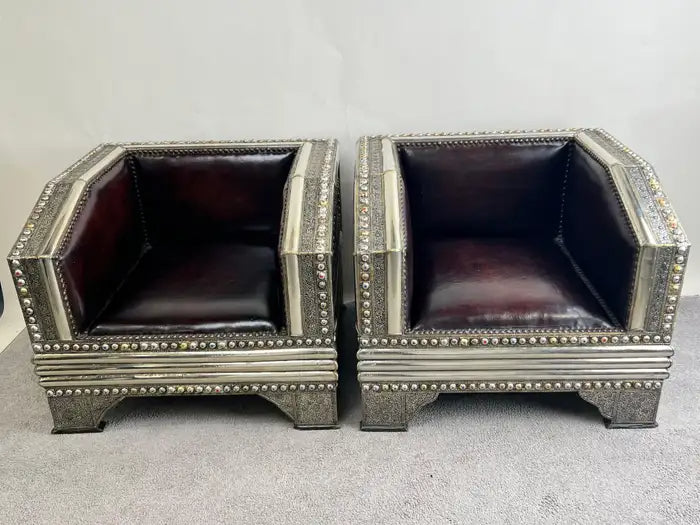 Paul Evans Style Brutalist Handmade Brass & Leather Lounge Chair, a Pair
