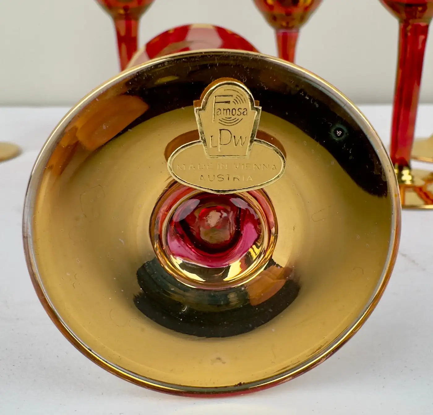 Art Nouveau Austrian Ruby & 24K Gold Etched Wine Glasses and Decanter, Set of 7