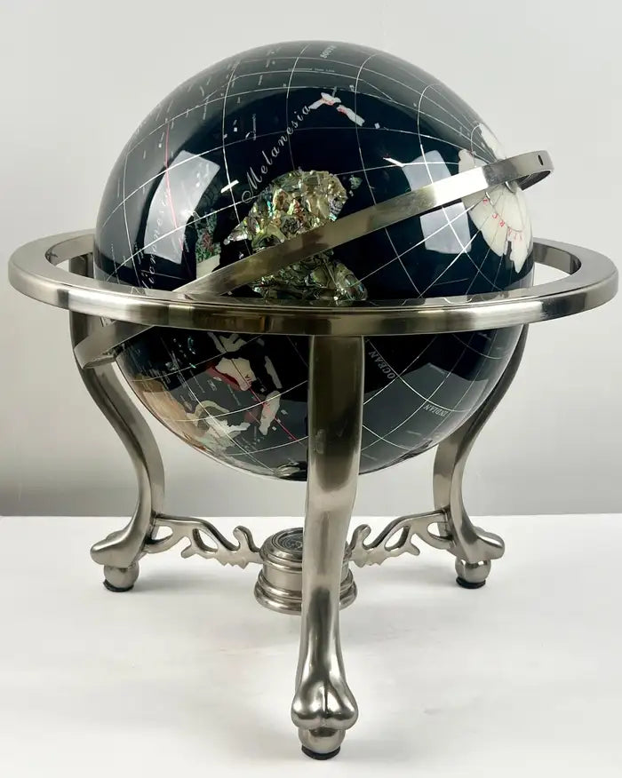 Handcrafted Semi-Precious Stone Globe on Decorative Metal Stand with Compass