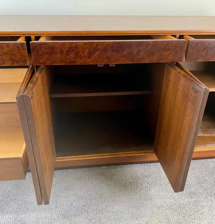 John Stuart Mid-Century Modern Walnut and Burl Wood Sideboard Credenza