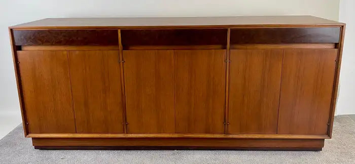 John Stuart Mid-Century Modern Walnut and Burl Wood Sideboard Credenza