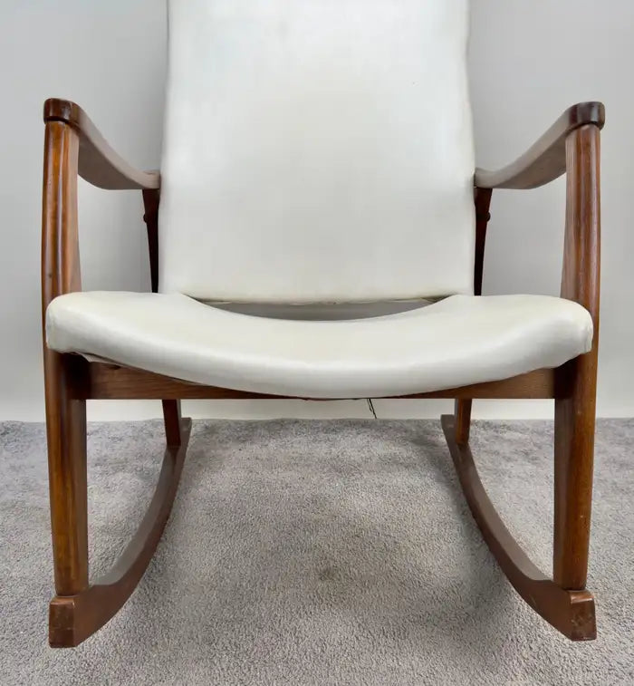 Milo Baughman Style MCM in White Faux Leather Rocking Chair