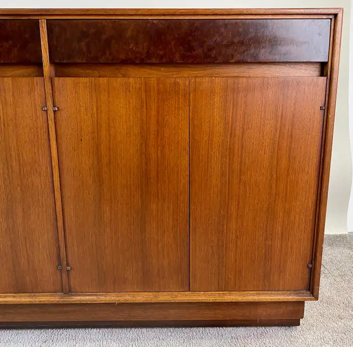 John Stuart Mid-Century Modern Walnut and Burl Wood Sideboard Credenza