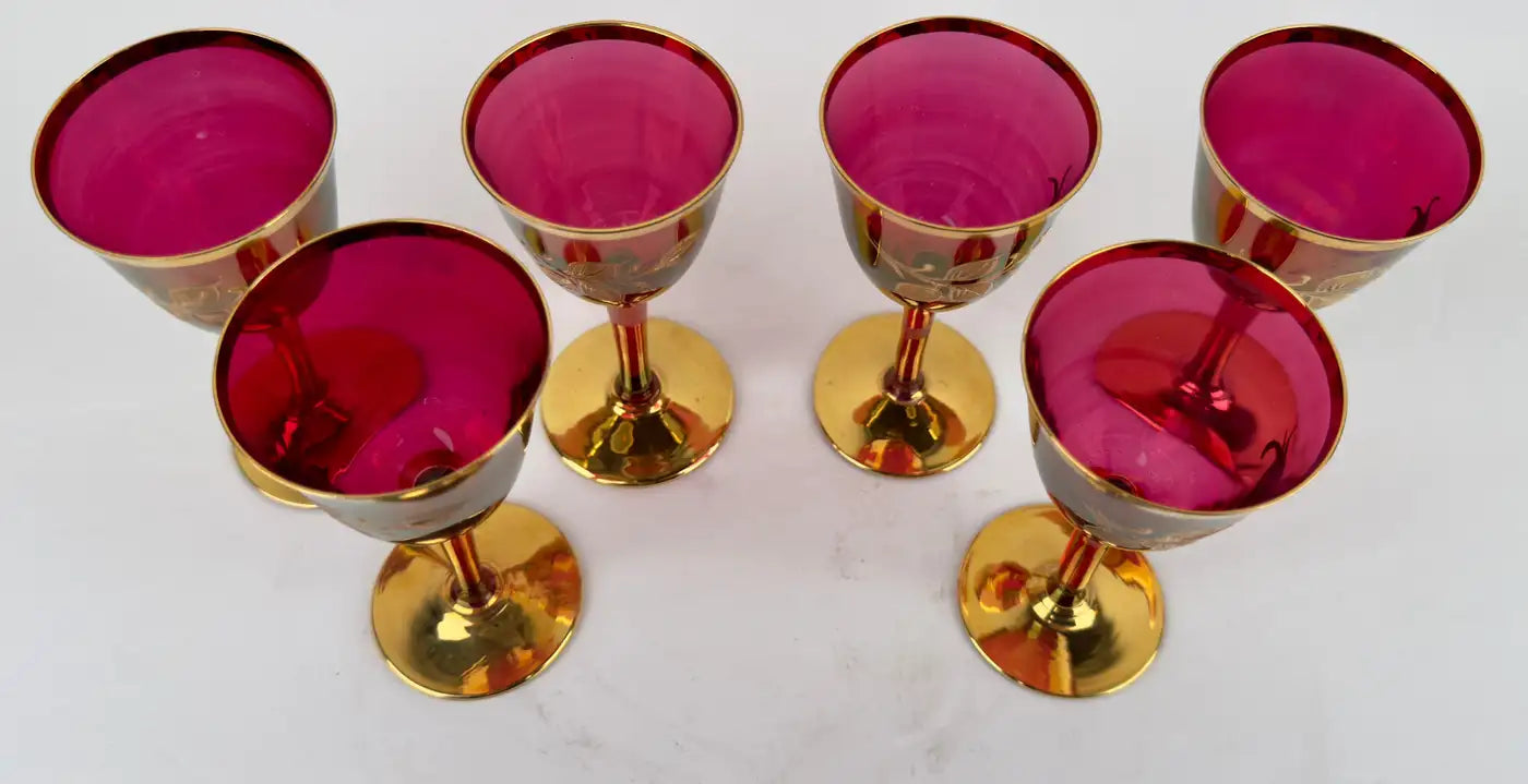 Art Nouveau Austrian Ruby & 24K Gold Etched Wine Glasses and Decanter, Set of 7