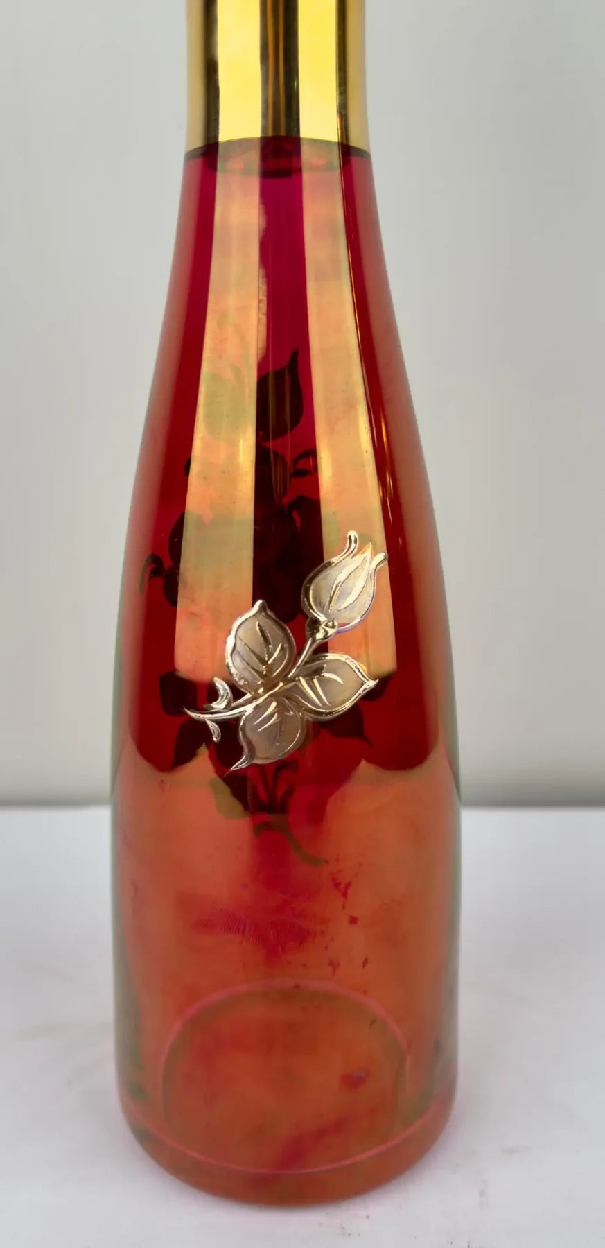 Art Nouveau Austrian Ruby & 24K Gold Etched Wine Glasses and Decanter, Set of 7