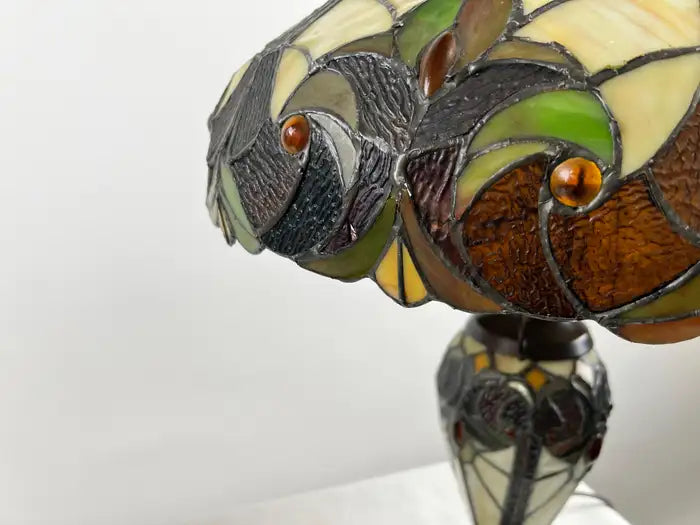 Art Nouveau Tiffany Style Brown & Green Stained Glass Table Lamp, a Pair