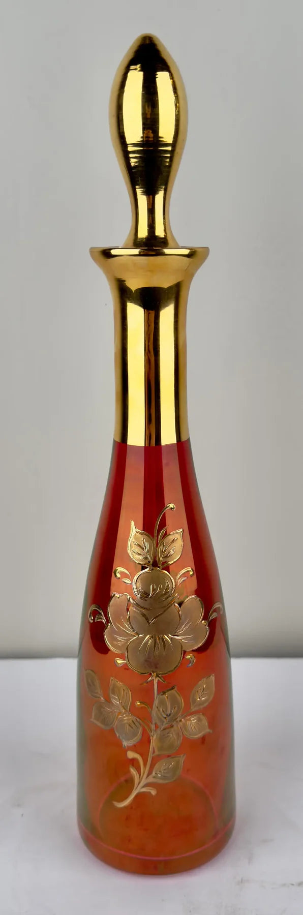 Art Nouveau Austrian Ruby & 24K Gold Etched Wine Glasses and Decanter, Set of 7