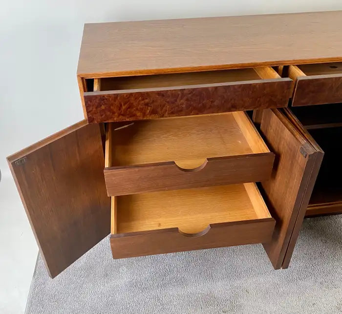 John Stuart Mid-Century Modern Walnut and Burl Wood Sideboard Credenza