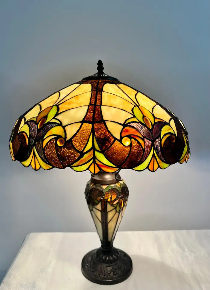 Art Nouveau Tiffany Style Brown & Green Stained Glass Table Lamp, a Pair