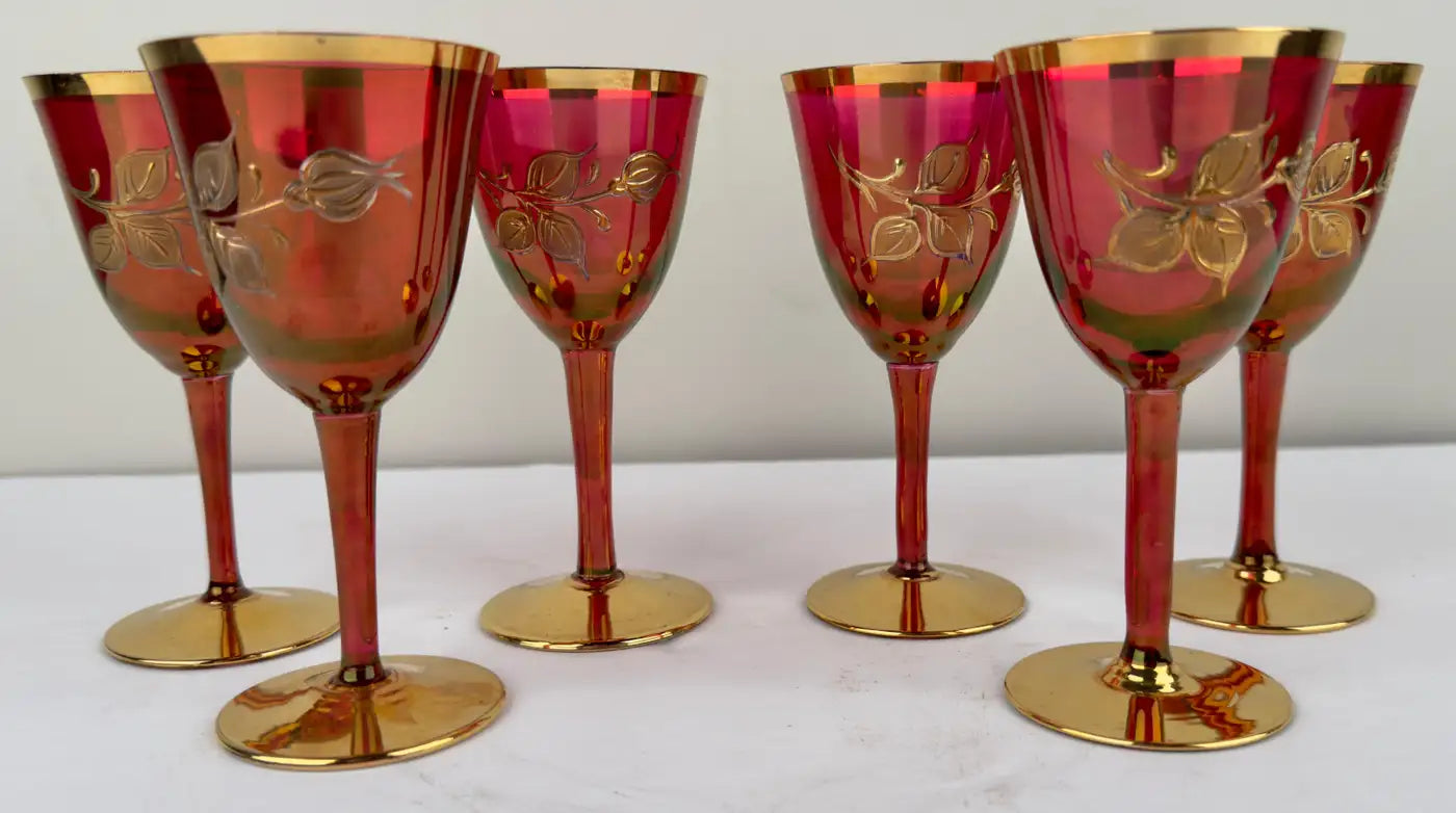 Art Nouveau Austrian Ruby & 24K Gold Etched Wine Glasses and Decanter, Set of 7