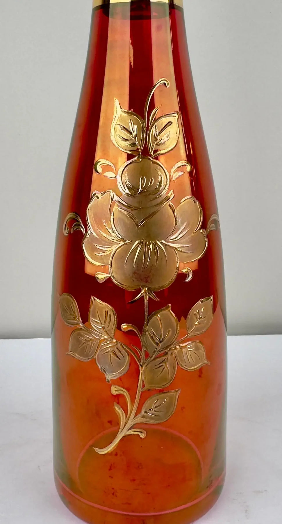 Art Nouveau Austrian Ruby & 24K Gold Etched Wine Glasses and Decanter, Set of 7