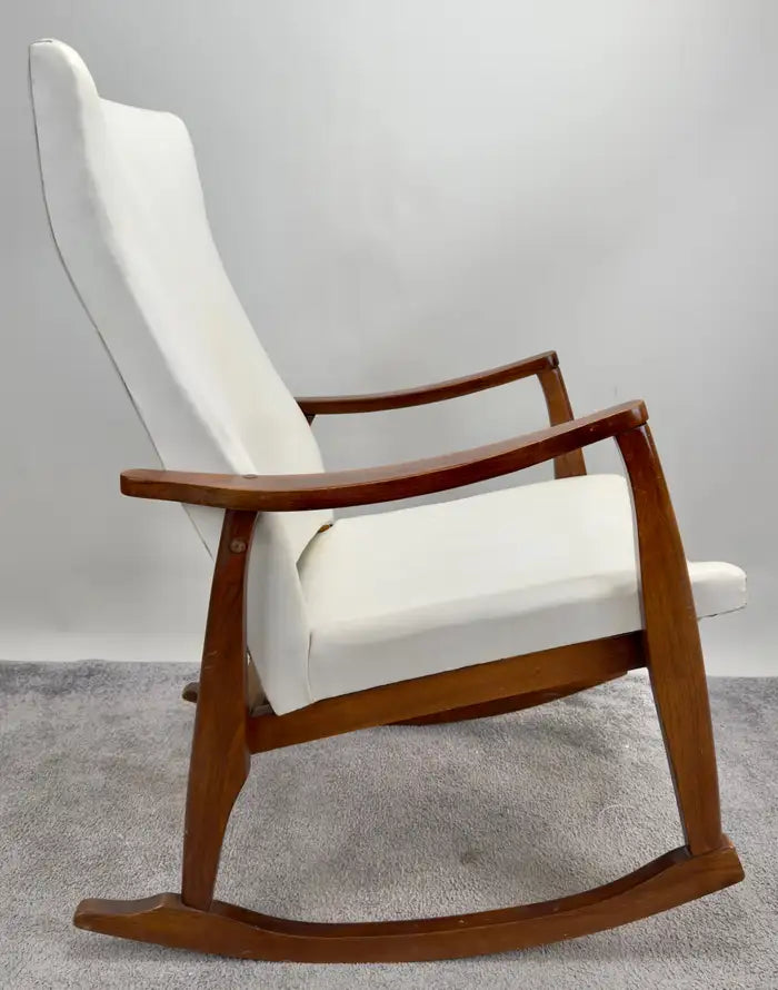 Milo Baughman Style MCM in White Faux Leather Rocking Chair