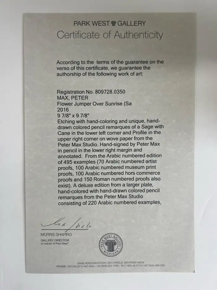 Peter Max Flower Jumper Over Sunrise Etching & Hand-Coloring Signed & Framed 2016