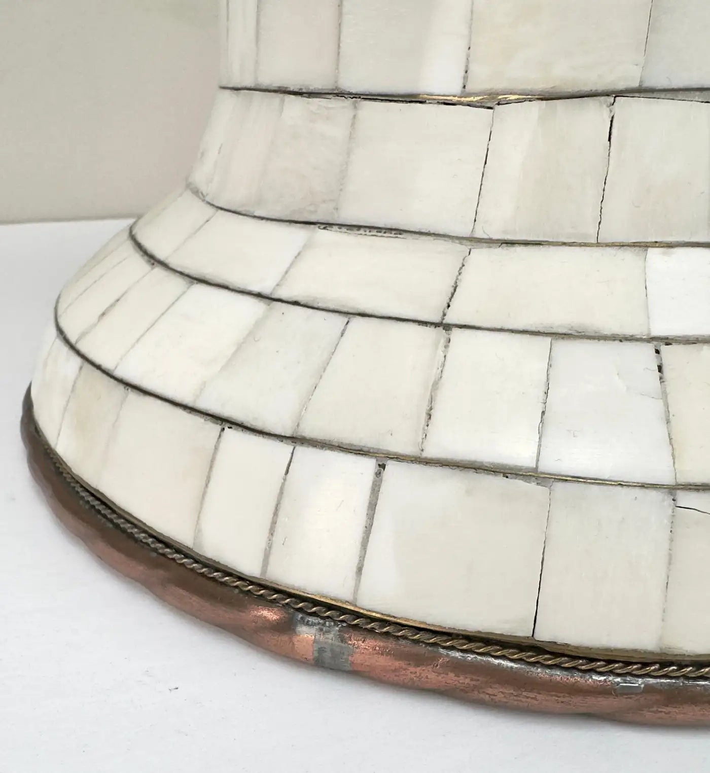 Mid-Century Off-White Mosaic Natural Bone with Brass Inlay Urn or Vase