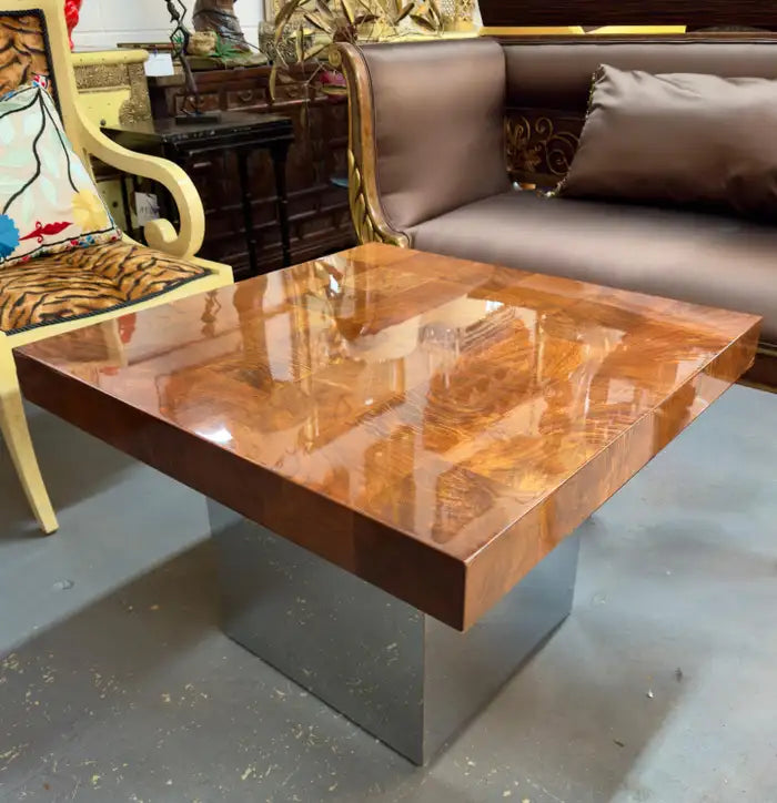 Milo Baughman for Thayer Coggin MCM Burl & Chome Coffee, Cocktail Table