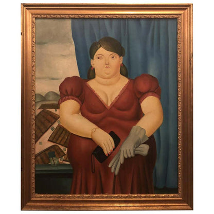 Female Portrait Oil on Canvas Painting in the manner to Fernando Botero