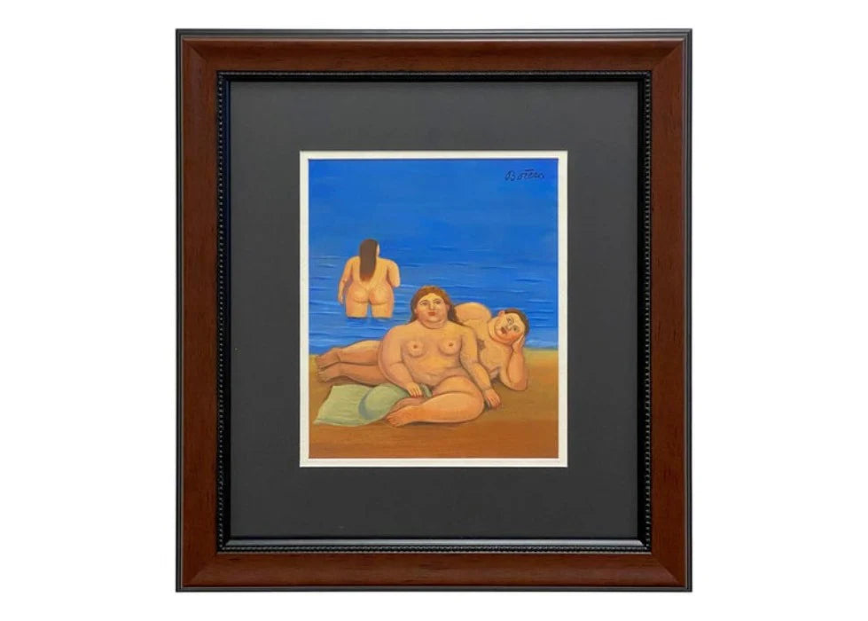 Fernando Botero Watercolor Painting, Man & Women at the Beach, Signed & Framed
