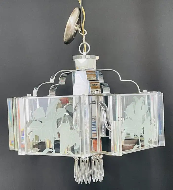 Frederick Ramond Art Deco Style Glass and Chrome Chandelier or Pendant
