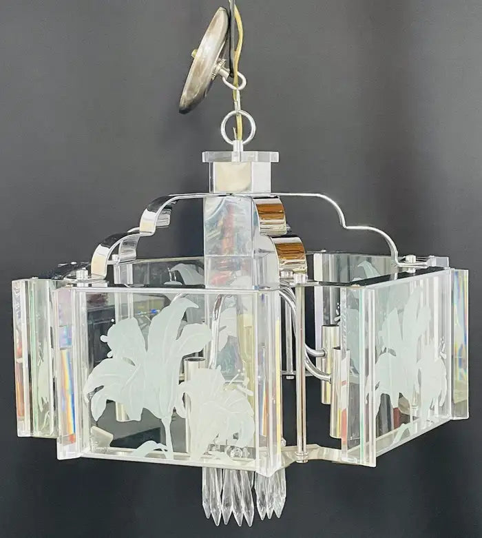 Frederick Ramond Art Deco Style Glass and Chrome Chandelier or Pendant