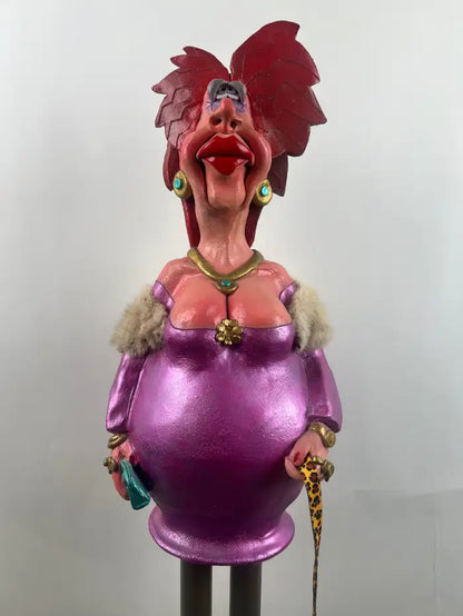 Whimsical Life-Size Metal Sculpture of Stylish Lady with Dog, 5 Ft Tall , Signed 1980's
