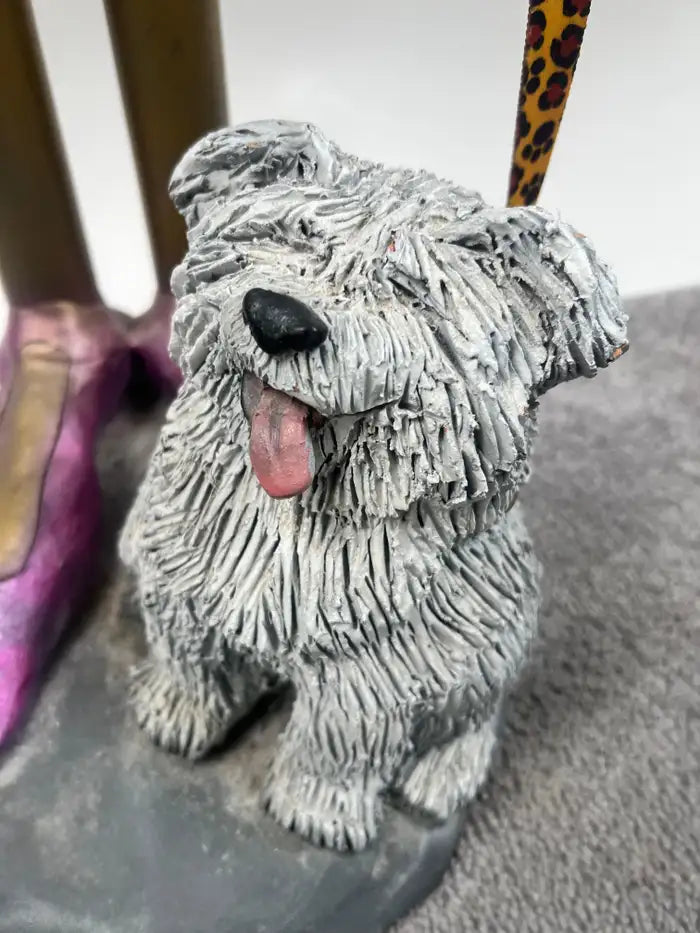 Whimsical Life-Size Metal Sculpture of Stylish Lady with Dog, 5 Ft Tall , Signed 1980's