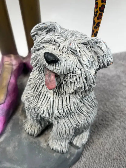 Whimsical Life-Size Metal Sculpture of Stylish Lady with Dog, 5 Ft Tall , Signed 1980's