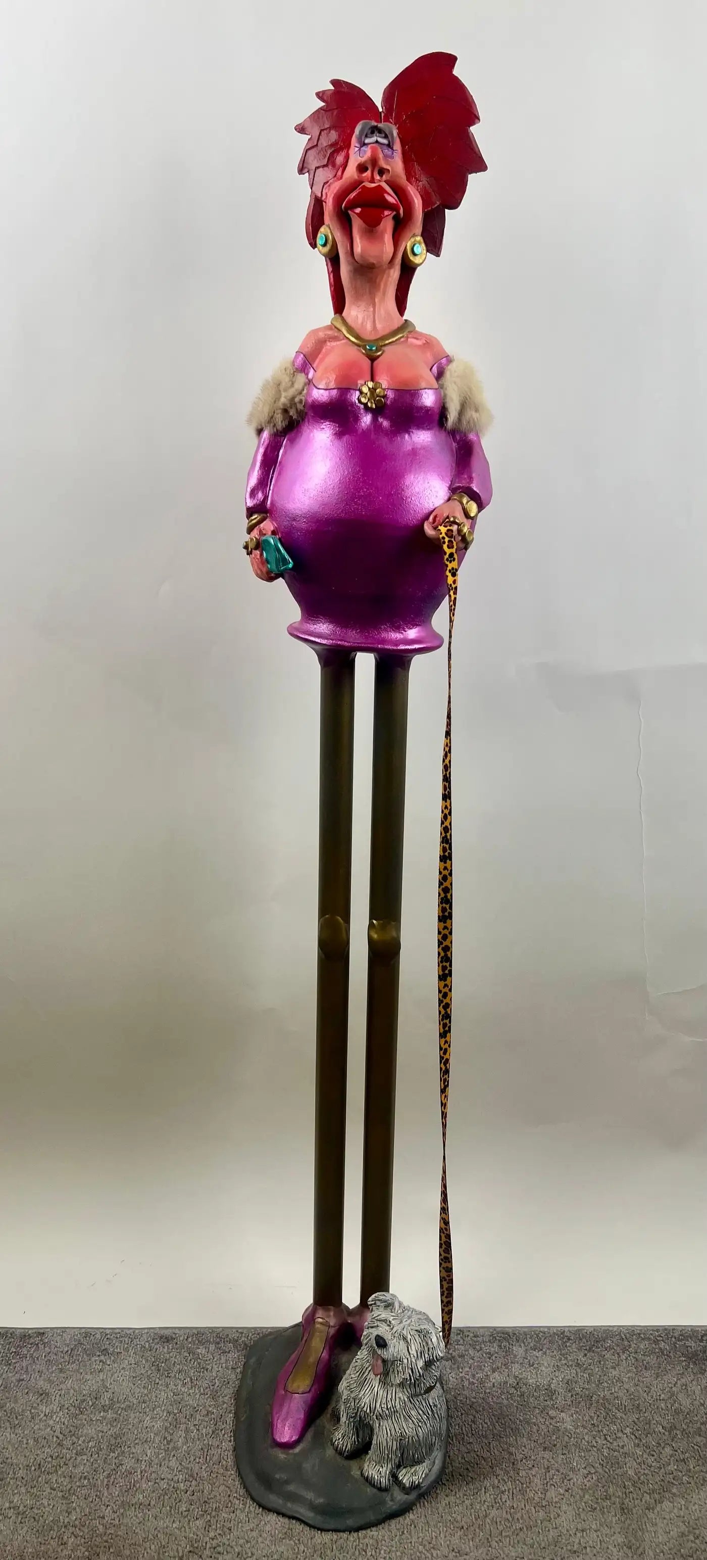 Whimsical Life-Size Metal Sculpture of Stylish Lady with Dog, 5 Ft Tall , Signed 1980's