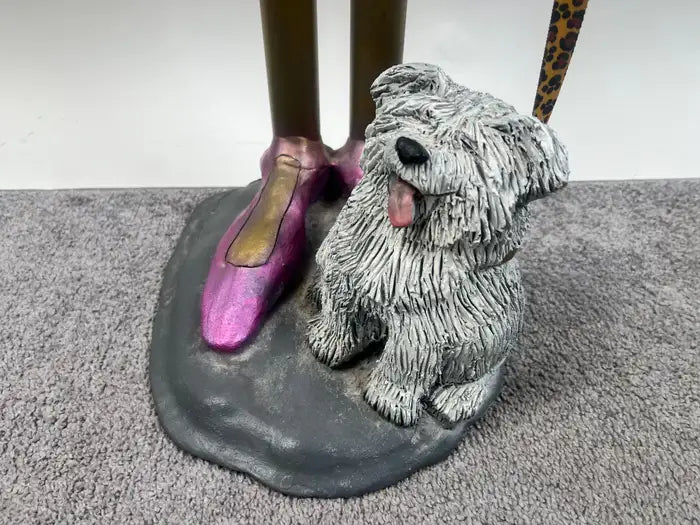 Whimsical Life-Size Metal Sculpture of Stylish Lady with Dog, 5 Ft Tall , Signed 1980's