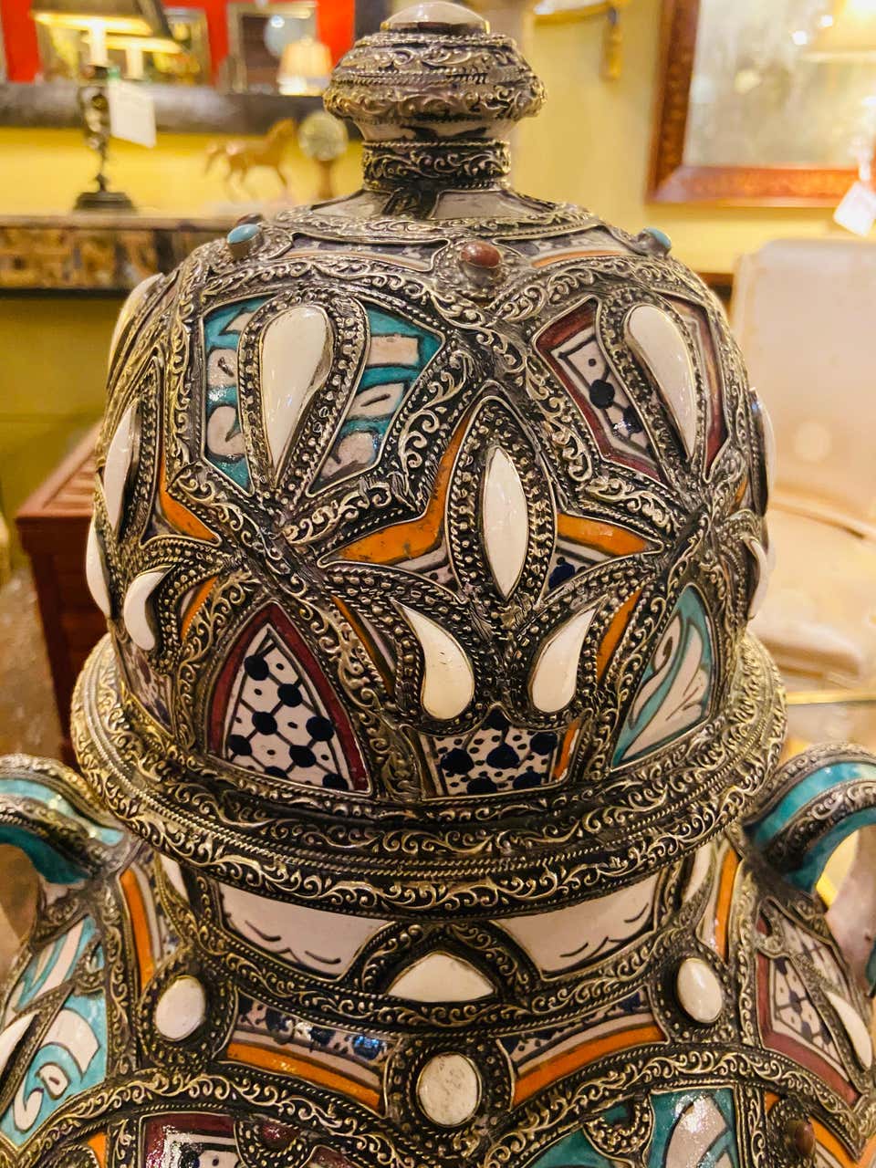 Vintage Moroccan Palatial Lidded Pottery Vase or Urn with Brass Inlay, a Pair