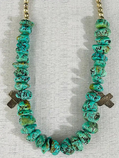Navajo Turquoise and Pearls Necklace with Sterling Silver Cross Pendants